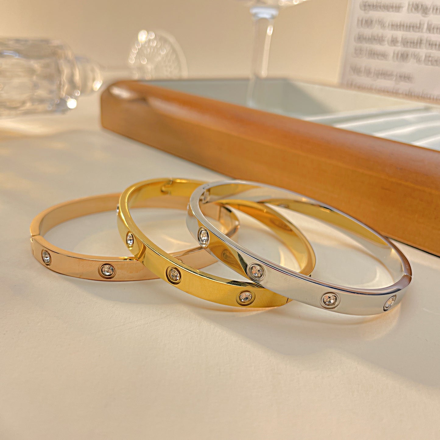 Gelang Berlian Mewah 18k Emas untuk Wanita - Bangle Stainless Steel Anti Pudar | Aksesoris Perhiasan Elegan - 我的商店