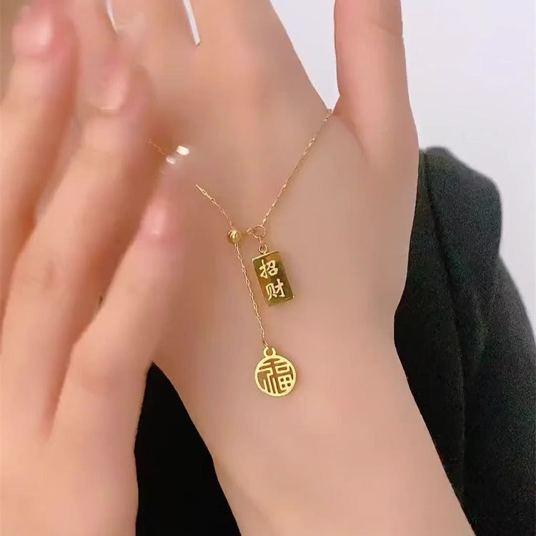 Grosir Kalung Wanita Stainless Steel Berliontin Emas Fu - Simbol Keberuntungan, Trendi & Tidak Kusam! - 我的商店