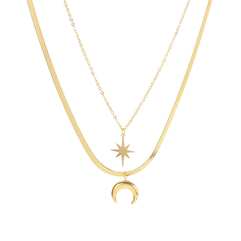 Kalung Bintang Bulan 18k Emas Wanita - Perhiasan Stainless Steel Elegan Anti Kusam, Desain Hexagram Trendy, Grosir Harga Terbaik - 我的商店