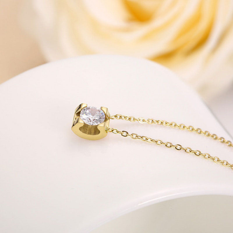 Kalung Berlian Solitaire Gaya Korea - Emas 18K Stainless Steel Anti Kusam, Aksesoris Wanita Mewah - 我的商店