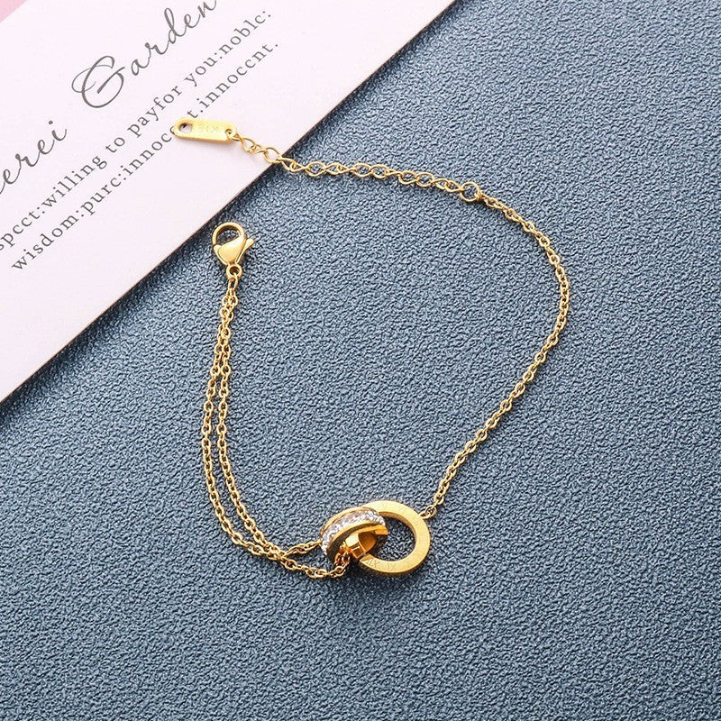 Gelang Double Circle Roman untuk Wanita - Stainless Steel 18k Emas Anti Pudar | Aksesoris Perhiasan Elegan - 我的商店