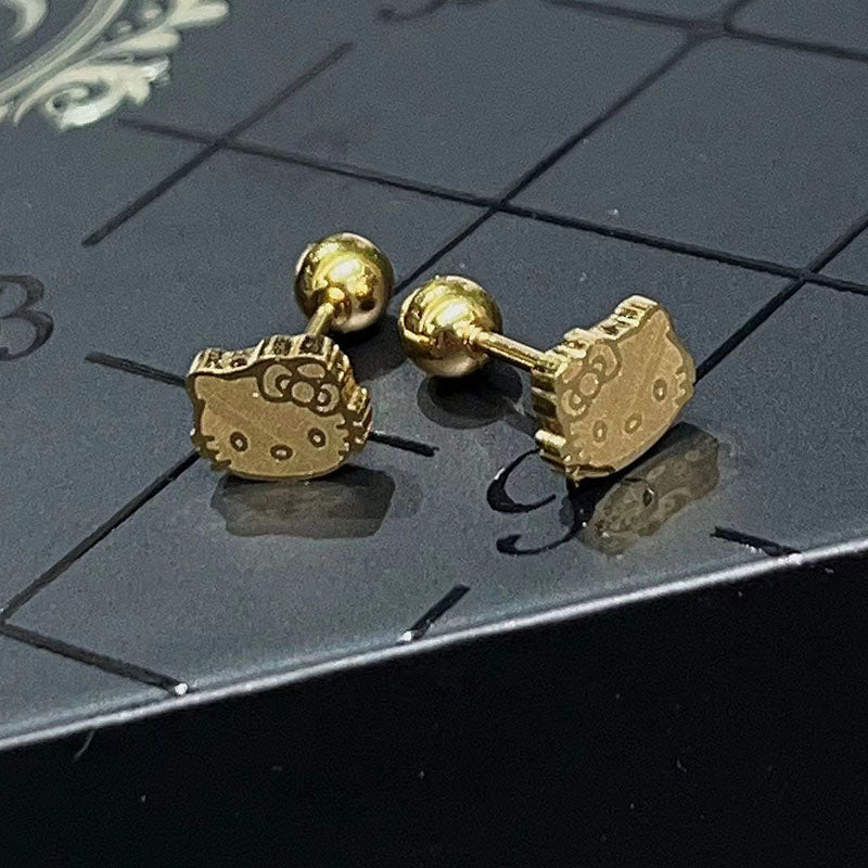 Anting Kucing Lucu Lapis Emas 18K - Stainless Steel Anti Kusam, Aksesoris Pasangan - 我的商店