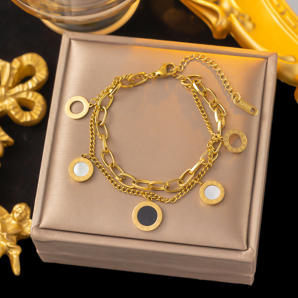 Gelang Wanita Roman - Rantai Emas Lapis Ganda Stainless Steel Anti Pudar - 我的商店