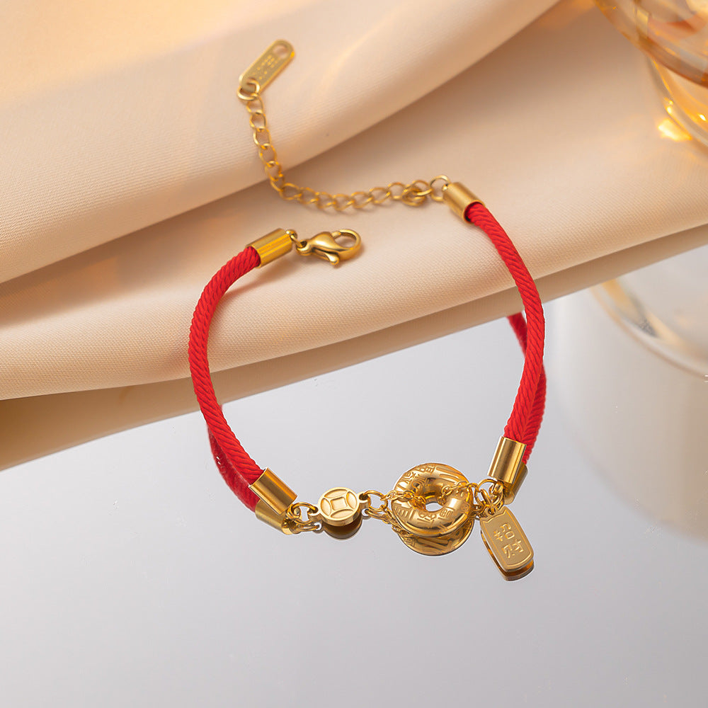 Gelang Rantai Kepang untuk Wanita, Liontin Emas 18k Pesona Keberuntungan – Perhiasan Hadiah Ulang Tahun 2025Anti Karat - 我的商店