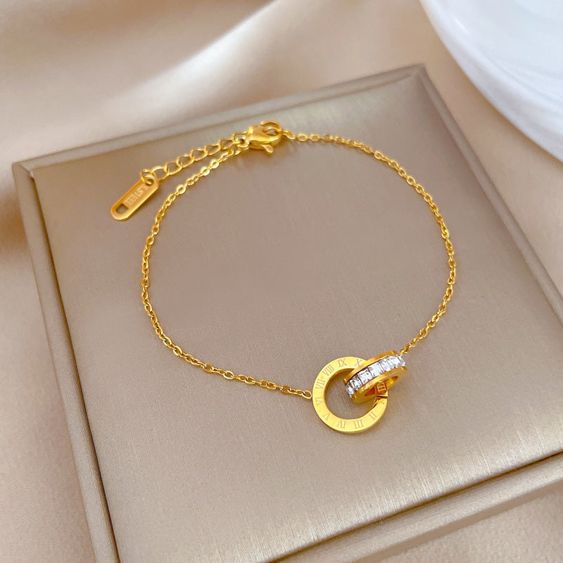 Gelang Double Circle Roman untuk Wanita - Stainless Steel 18k Emas Anti Pudar | Aksesoris Perhiasan Elegan - 我的商店