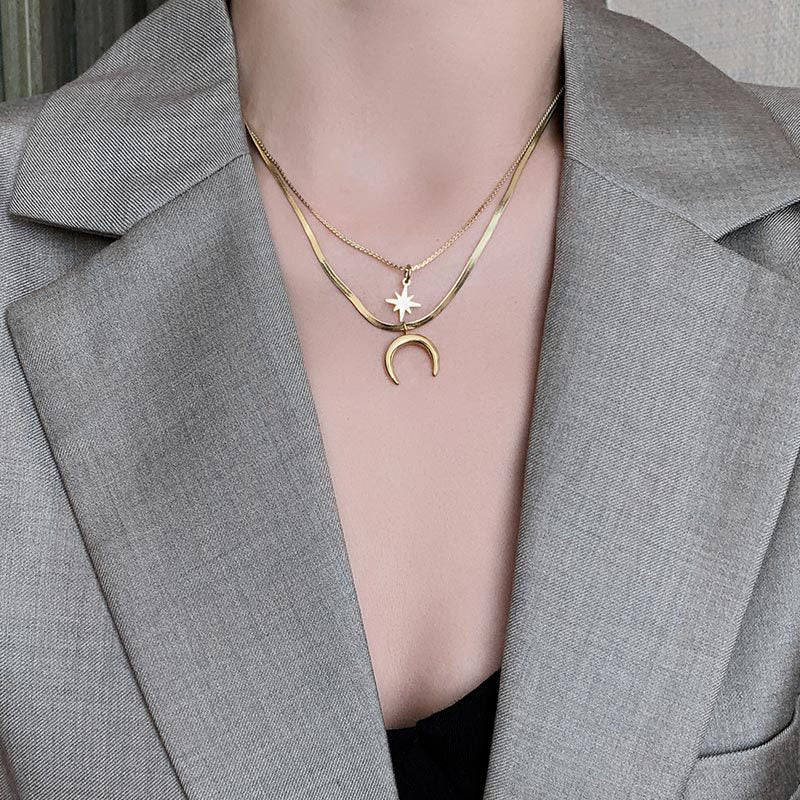 Kalung Bintang Bulan 18k Emas Wanita - Perhiasan Stainless Steel Elegan Anti Kusam, Desain Hexagram Trendy, Grosir Harga Terbaik - 我的商店