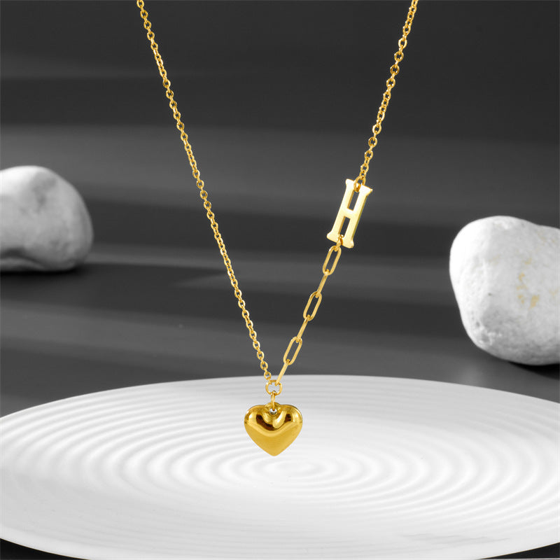 Kalung Huruf "H" Berbentuk Hati - Emas 18K Stainless Steel Anti Kusam Gaya Korea - 我的商店