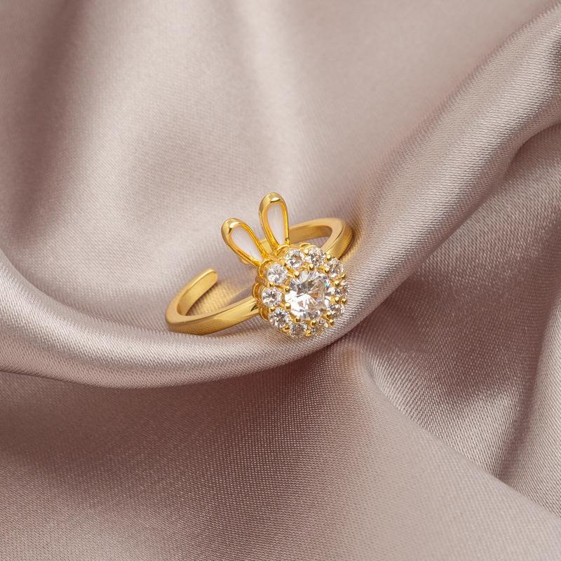 Cincin Wanita Kelinci Berputar - Stainless Steel, Berlian, Elegan & Trendi! - 我的商店