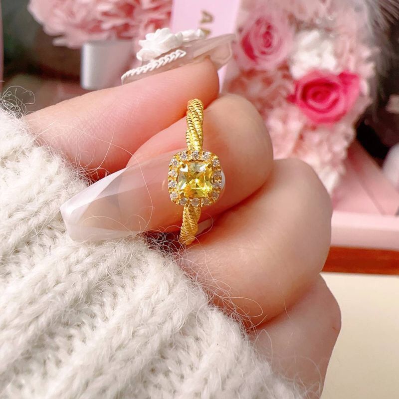 Cincin Wanita Kristal Kuning Emas 18K - Stainless Steel Anti Kusam Gaya Korea - 我的商店