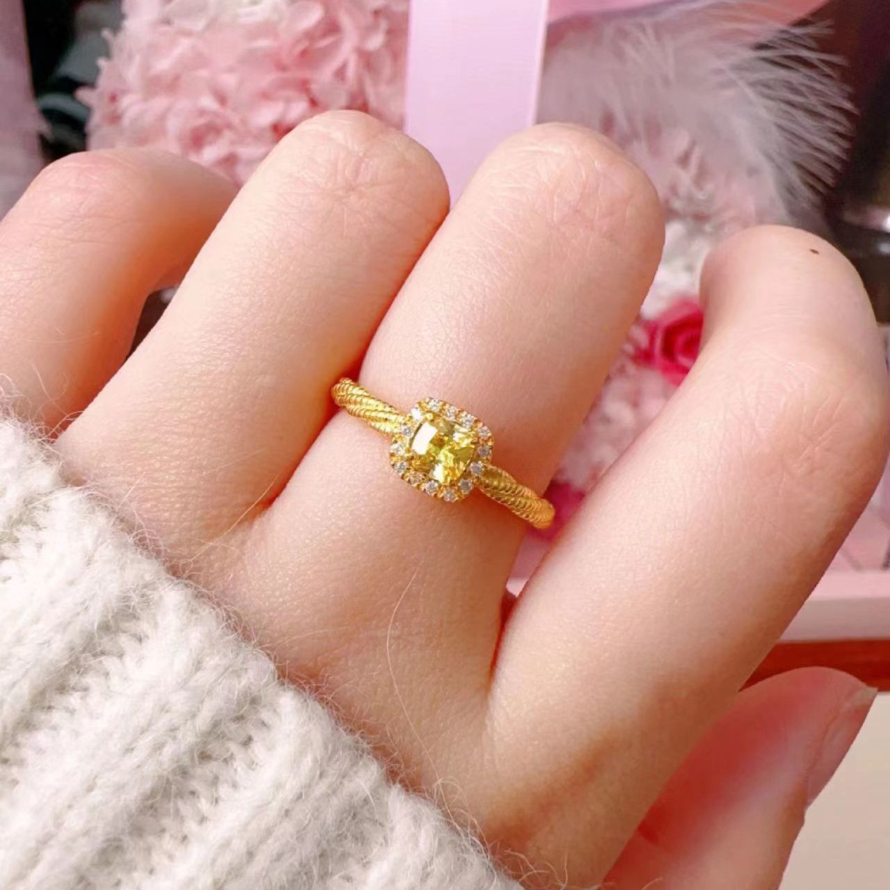 Cincin Wanita Kristal Kuning Emas 18K - Stainless Steel Anti Kusam Gaya Korea - 我的商店