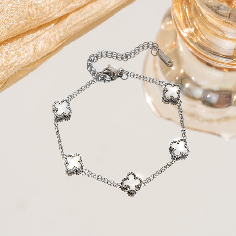 Gelang Titanium Bunga Four-leaf Clover Bolak Balik 13MM Bergradiasi Anti karat Dan Anti Luntur Cantik dan Elegan Fashion perhiasandirect