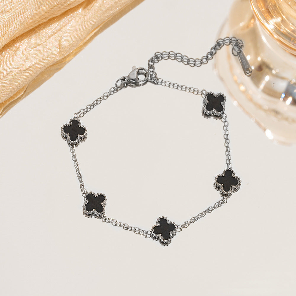 Gelang Titanium Bunga Four-leaf Clover Bolak Balik 13MM Bergradiasi Anti karat Dan Anti Luntur Cantik dan Elegan Fashion perhiasandirect