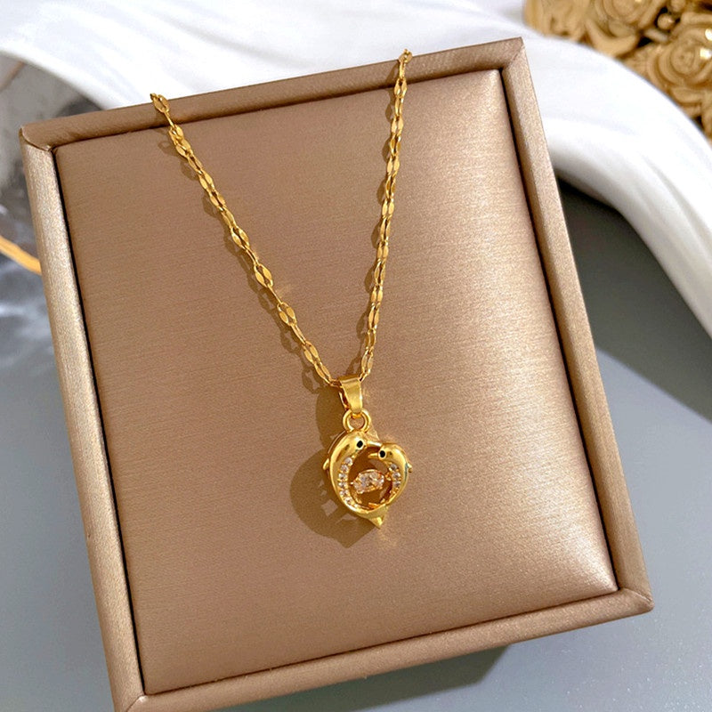 Kalung Lumba-Lumba Imut Wanita - Stainless Steel Emas 18K & Berlian Gaya Korea, Anti Karat - 我的商店