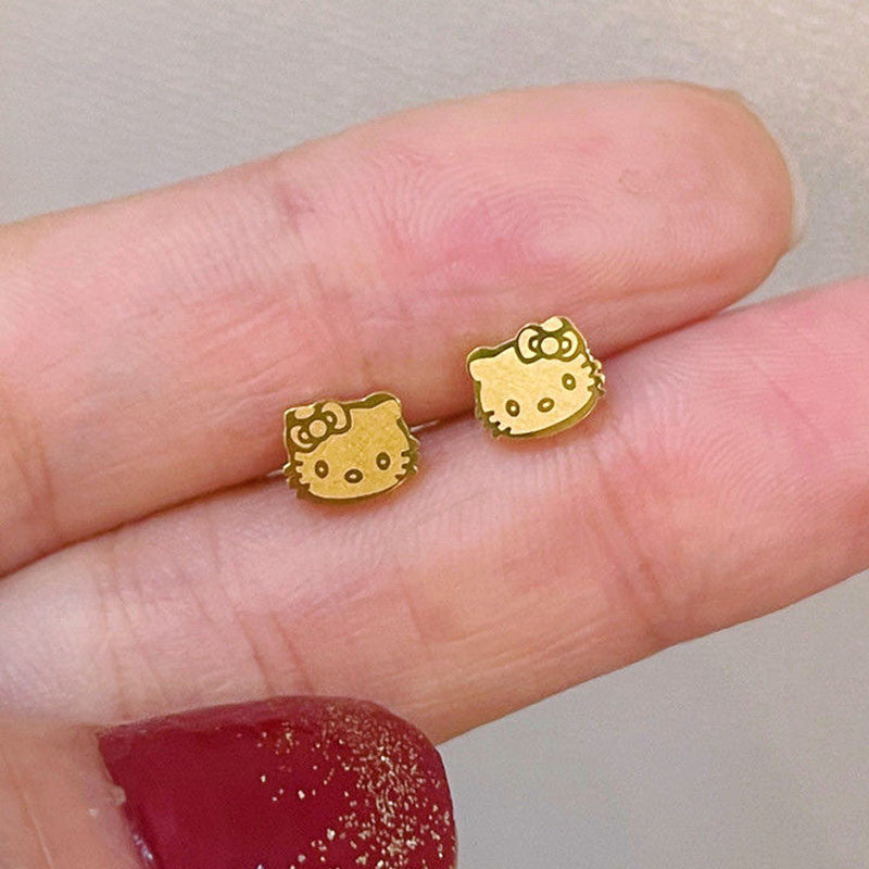 Anting Kucing Lucu Lapis Emas 18K - Stainless Steel Anti Kusam, Aksesoris Pasangan - 我的商店