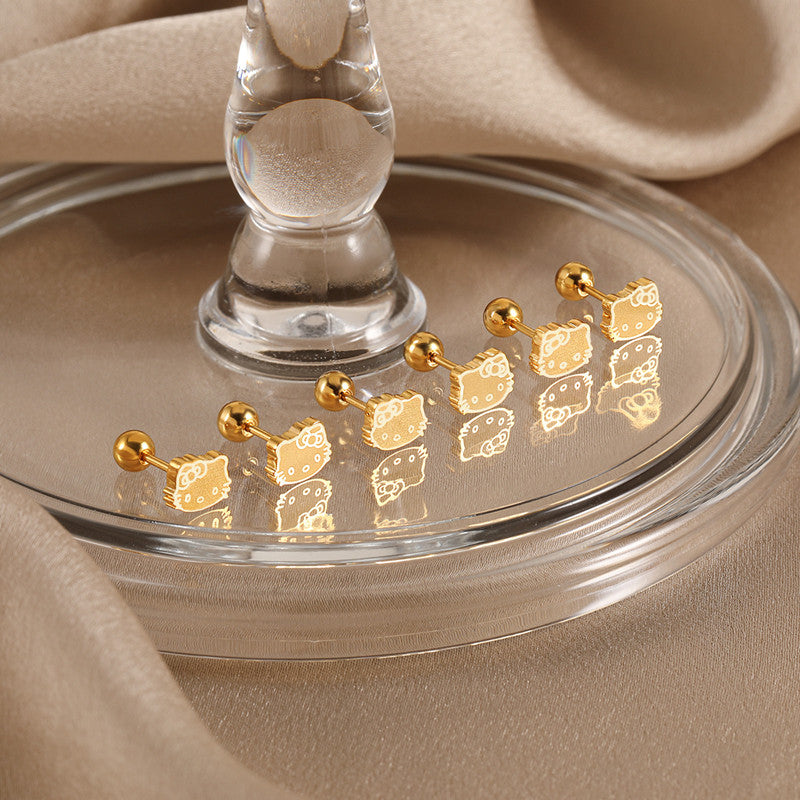 Anting Kucing Lucu Lapis Emas 18K - Stainless Steel Anti Kusam, Aksesoris Pasangan - 我的商店