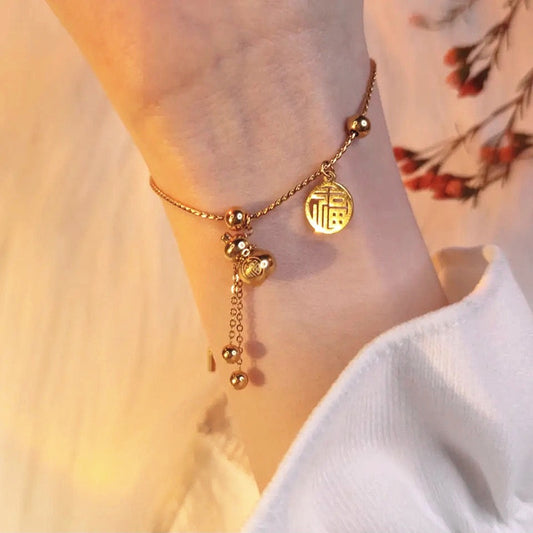 Gelang FU Labu Wanita - Stainless Steel Emas Anti Kusam, Aksesori Pembawa Hoki - 我的商店