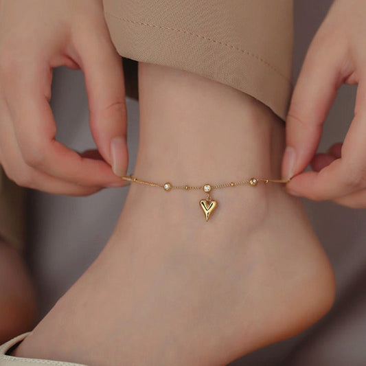 Gelang Kaki Wanita Liontin Hati Berlian - Stainless Steel Lapis Emas, Tidak Kusam, Elegan & Awet! - 我的商店