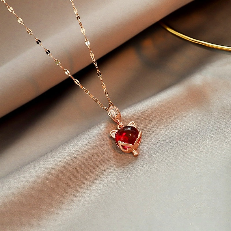 Kalung Mewah Liontin Rubi & Kristal - Emas Rose 18K Anti Karat, Rantai Klavikula Pembawa Keberuntungan - 我的商店