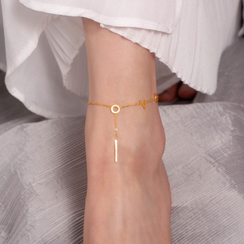 Gelang Kaki "LOVE" Wanita - Rantai Emas Stainless Steel Anti Kusam, Aksesoris Pantai - 我的商店