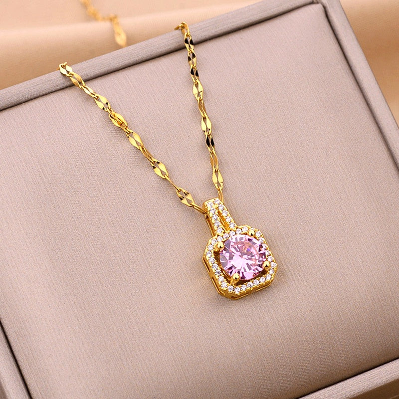 Kalung Wanita Liontin Berlian Kotak - Stainless Steel Lapis Emas, Tidak Kusam, Elegan & Mewah! - 我的商店