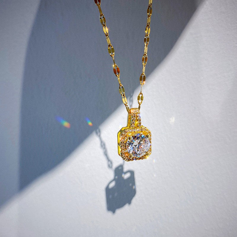 Kalung Wanita Liontin Berlian Kotak - Stainless Steel Lapis Emas, Tidak Kusam, Elegan & Mewah! - 我的商店