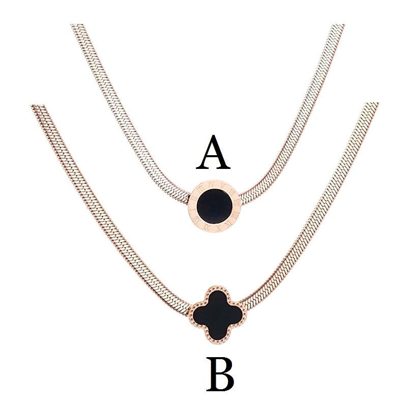 Kalung Liontin Angka Romawi Bulat 18K Emas Rose untuk Wanita – Perhiasan Baja Titanium Anti Karat - 我的商店