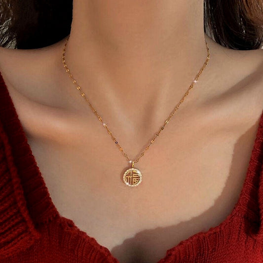 Kalung Berlian "FU" Pembawa Keberuntungan - Stainless Steel Anti Kusam untuk Wanita - 我的商店