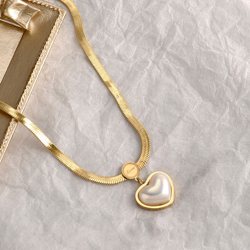 Kalung Choker Wanita Liontin Mutiara Love Heart - Stainless Steel, Tidak Kusam, Elegan & Cocok untuk Hadiah! - 我的商店