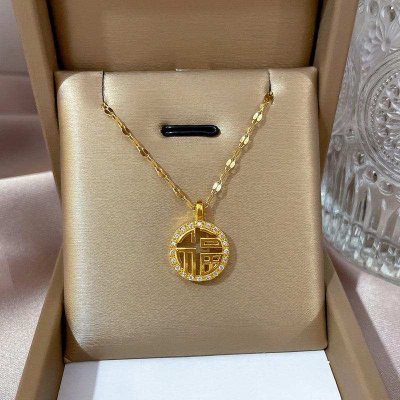 Kalung Berlian "FU" Pembawa Keberuntungan - Stainless Steel Anti Kusam untuk Wanita - 我的商店