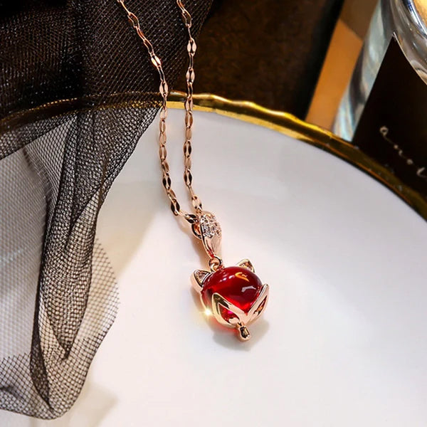 Kalung Mewah Liontin Rubi & Kristal - Emas Rose 18K Anti Karat, Rantai Klavikula Pembawa Keberuntungan - 我的商店
