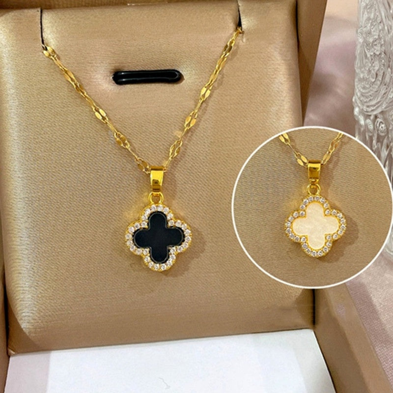 Wanita antik berkata kalung Four Leaf Clover  Liontin Berlian - Baja Tahan Karat Lapis Emas, tidak kusam, elegan dan modis! - 我的商店