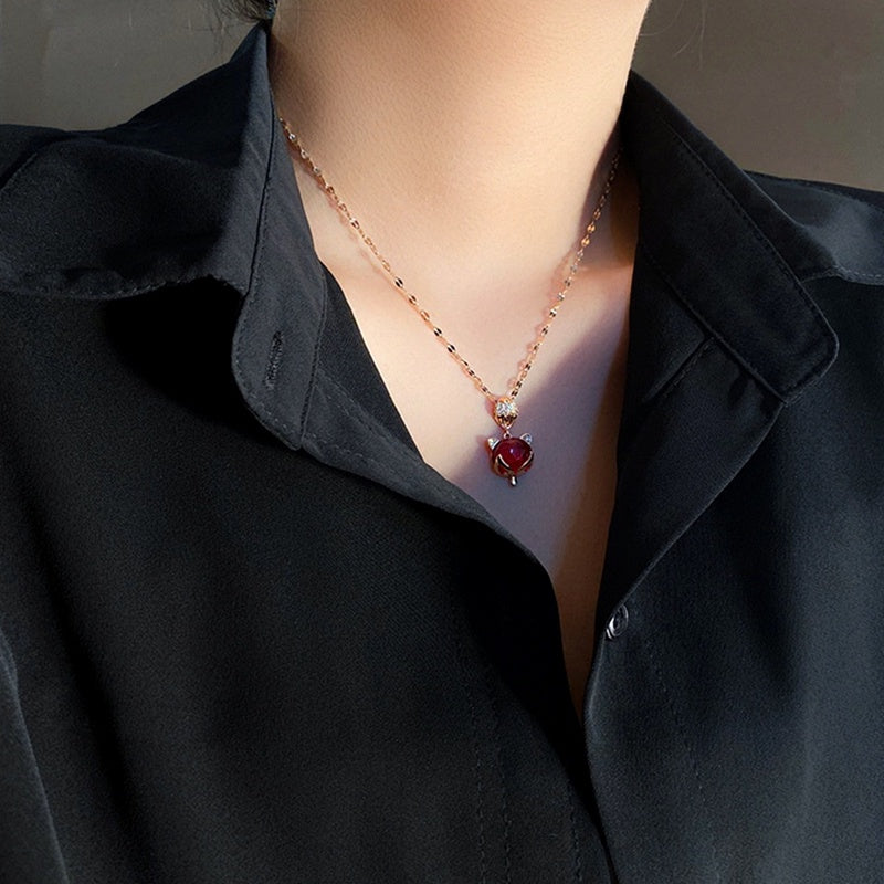 Kalung Mewah Liontin Rubi & Kristal - Emas Rose 18K Anti Karat, Rantai Klavikula Pembawa Keberuntungan - 我的商店