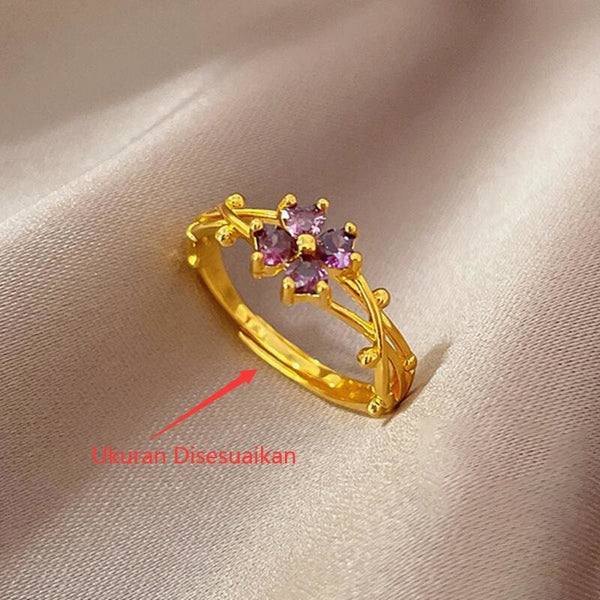 Cincin Wanita Adjustable - Bunga Ungu Lapis Emas 18K, Stainless Steel Anti Kusam - 我的商店