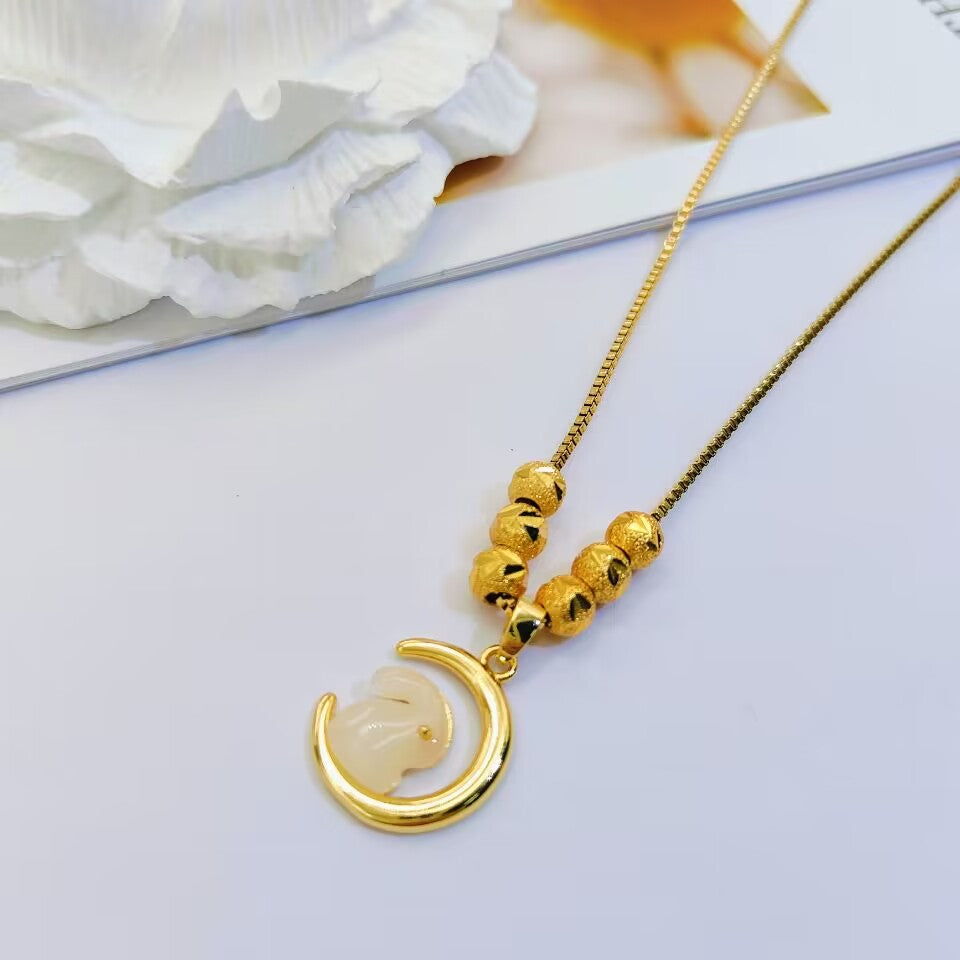 Kalung Lucky Gold Titanium Steel Moon Rabbit untuk Wanita - Kwintas Anti Pudar | Aksesoris Fashion Hadiah Elegan - 我的商店