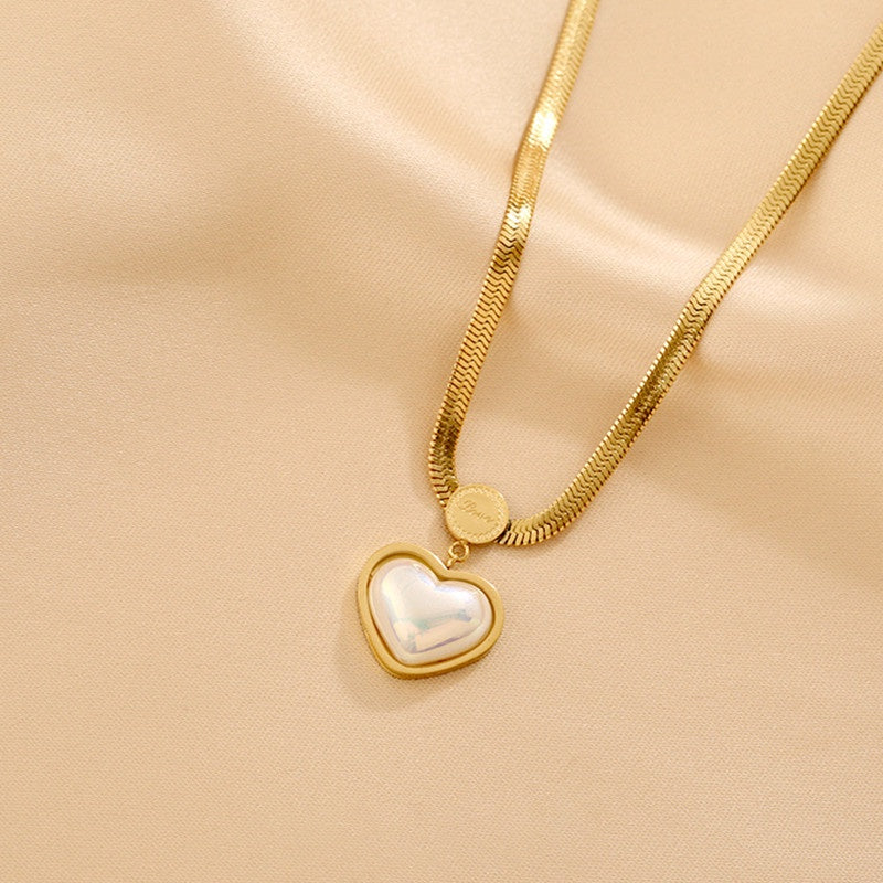 Kalung Choker Wanita Liontin Mutiara Love Heart - Stainless Steel, Tidak Kusam, Elegan & Cocok untuk Hadiah! - 我的商店