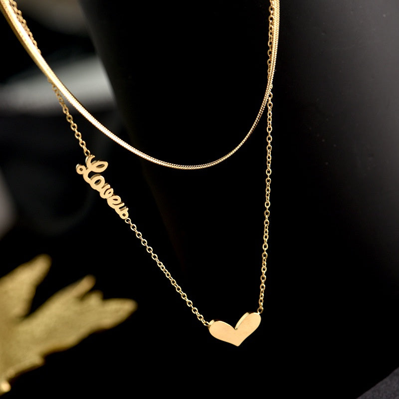 Kalung Stainless Steel Wanita - Double Layer Heart Pendant dengan Rantai Emas | Hadiah Perhiasan Elegan - 我的商店