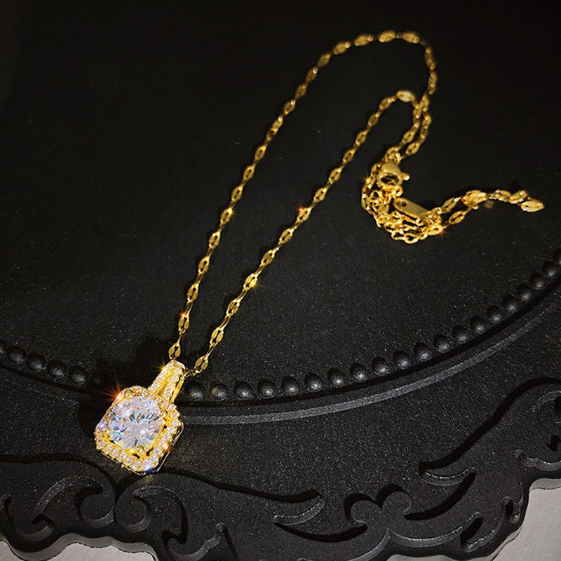 Kalung Wanita Liontin Berlian Kotak - Stainless Steel Lapis Emas, Tidak Kusam, Elegan & Mewah! - 我的商店