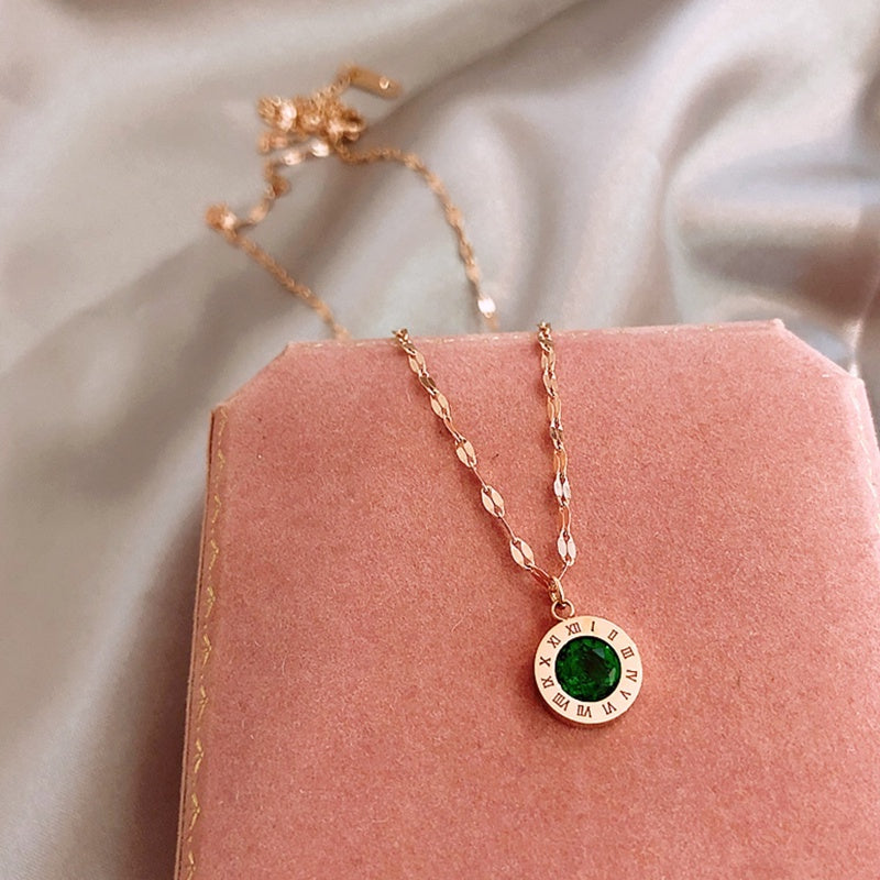 Kalung Wanita Korea - Stainless Steel dengan Liontin Roman & Kristal Hijau | Rantai INS Elegan - 我的商店