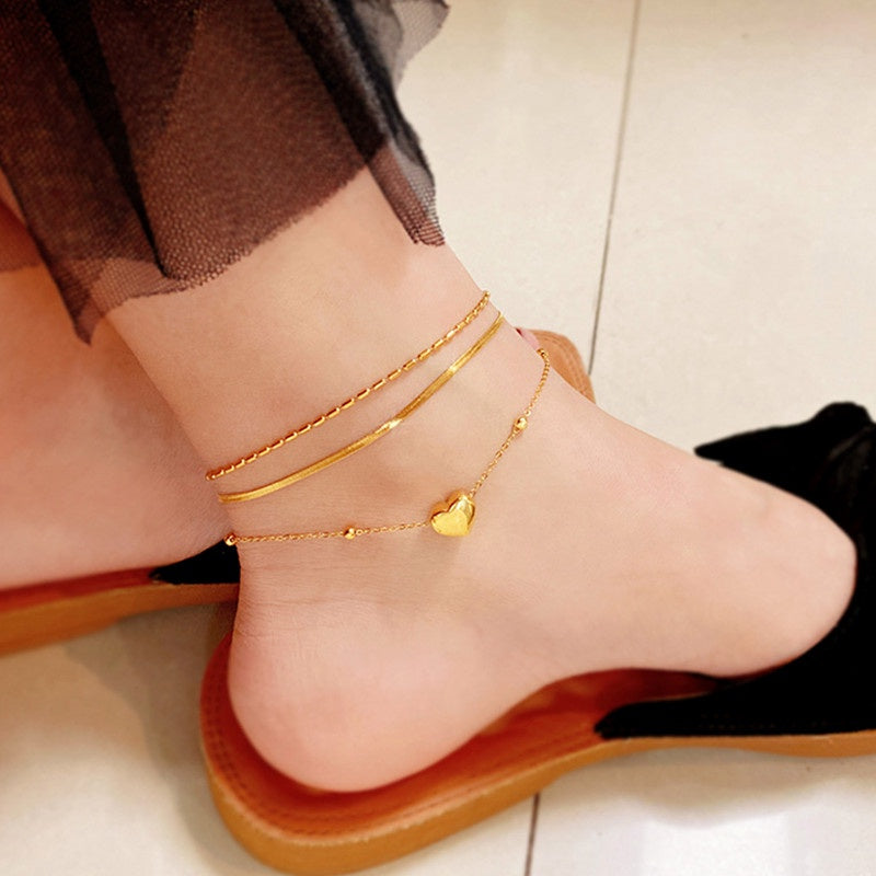 Gelang Kaki Manik Hati Wanita - Rantai Emas Stainless Steel Anti Kusam & Anti Pudar - 我的商店
