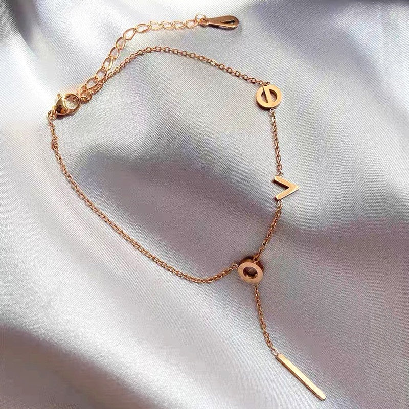 Gelang Kaki "LOVE" Wanita - Rantai Emas Stainless Steel Anti Kusam, Aksesoris Pantai - 我的商店