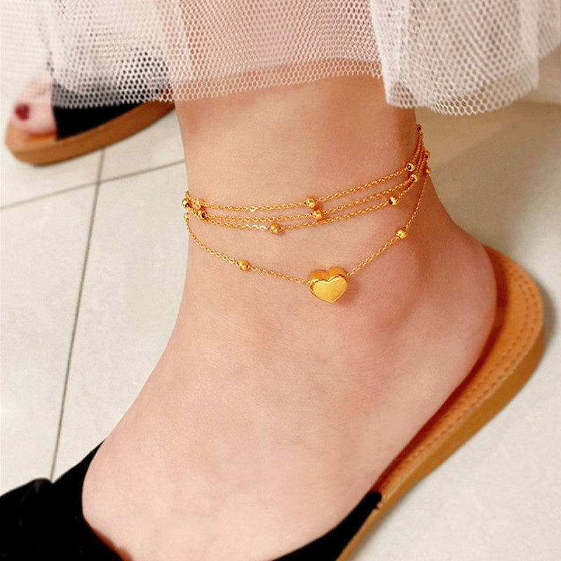Gelang Kaki Manik Hati Wanita - Rantai Emas Stainless Steel Anti Kusam & Anti Pudar