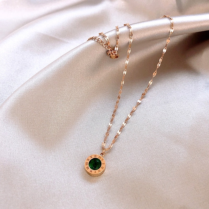 Kalung Wanita Korea - Stainless Steel dengan Liontin Roman & Kristal Hijau | Rantai INS Elegan - 我的商店