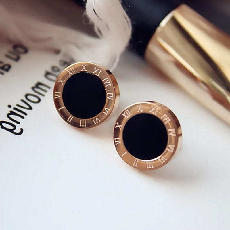 Hikaw Roman Hitam Wanita - Perhiasan Stainless Steel Elegan Anti Kusam, Aksesoris Fashion Hypoallergenic, Grosir Harga Terbaik - 我的商店