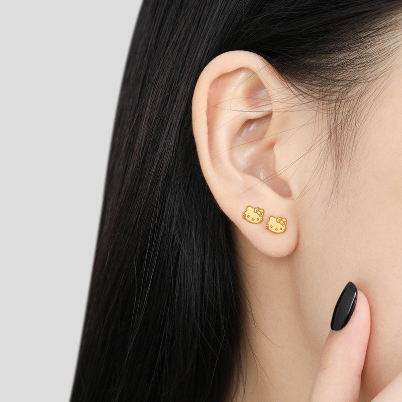 Anting Kucing Lucu Lapis Emas 18K - Stainless Steel Anti Kusam, Aksesoris Pasangan - 我的商店