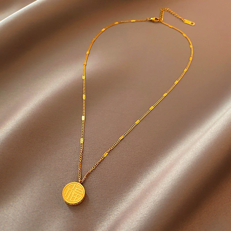 Kalung Lucky 'Fu' Stainless Steel untuk Wanita - Pendant Mewah Dua Sisi dengan Rantai Emas | Aksesoris Perhiasan Elegan - 我的商店