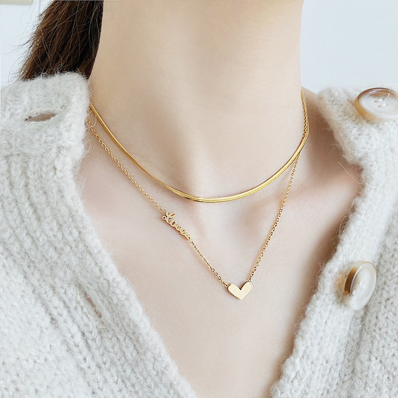 Kalung Stainless Steel Wanita - Double Layer Heart Pendant dengan Rantai Emas | Hadiah Perhiasan Elegan - 我的商店