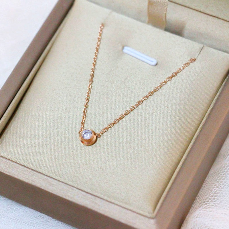 Kalung Choker Stainless Steel Gaya Korea - Liontin Berlian Mewah dengan Rose Gold, Aksesoris Wanita Elegan - 我的商店