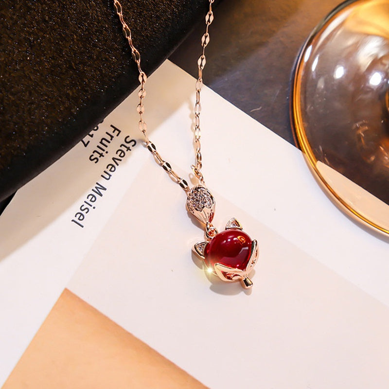 Kalung Mewah Liontin Rubi & Kristal - Emas Rose 18K Anti Karat, Rantai Klavikula Pembawa Keberuntungan - 我的商店