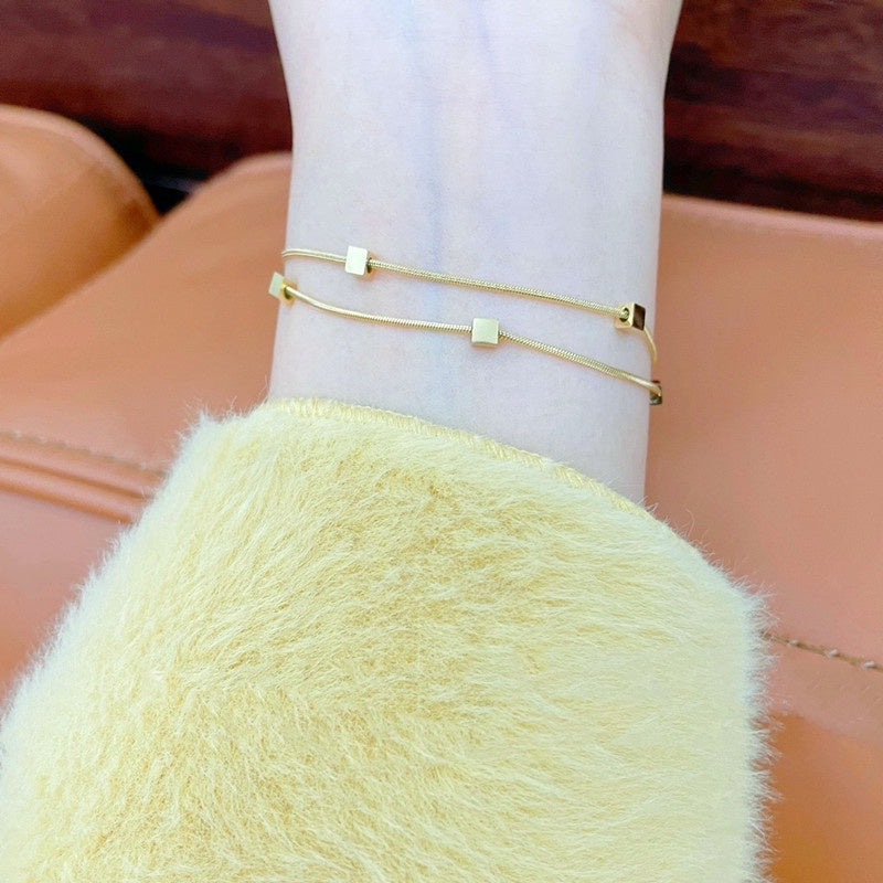 Gelang Square Double Layer untuk Wanita - Bangle Vintage Rantai Emas Anti Pudar | Perhiasan Hadiah Elegan - 我的商店