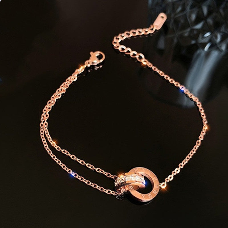 Gelang Double Circle Roman untuk Wanita - Stainless Steel 18k Emas Anti Pudar | Aksesoris Perhiasan Elegan - 我的商店